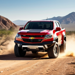 **Prompt:** A Chevrolet Colorado Z71, mid-action shot, kicking up dust on a rugged off-road trail. Focus on the aggressive stance, the Z71 badging, and the surrounding natural environment (mountains, desert, or forest). Strong sunlight and dynamic composition.