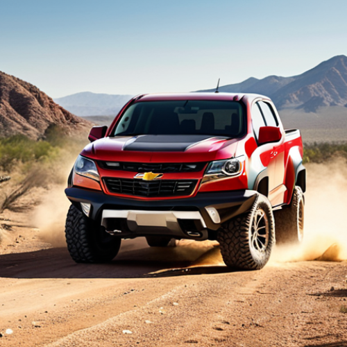 Home 6 **Prompt:** A Chevrolet Colorado Z71, mid-action shot, kicking up dust on a rugged off-road trail. Focus on the aggressive stance, the Z71 badging, and the surrounding natural environment (mountains, desert, or forest). Strong sunlight and dynamic composition.