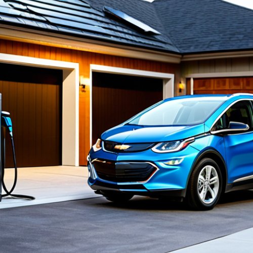 Home 10 Home Level 2 Charging**
"A Chevrolet Bolt EV parked in a modern home garage, connected to a Level 2 charging station. The scene is well-lit, showing the car charging with the charging cable clearly visible. The garage is clean and organized, perhaps with solar panels visible on the roof. Fully clothed, appropriate attire, safe for work, perfect anatomy, natural proportions, professional, family-friendly."
**