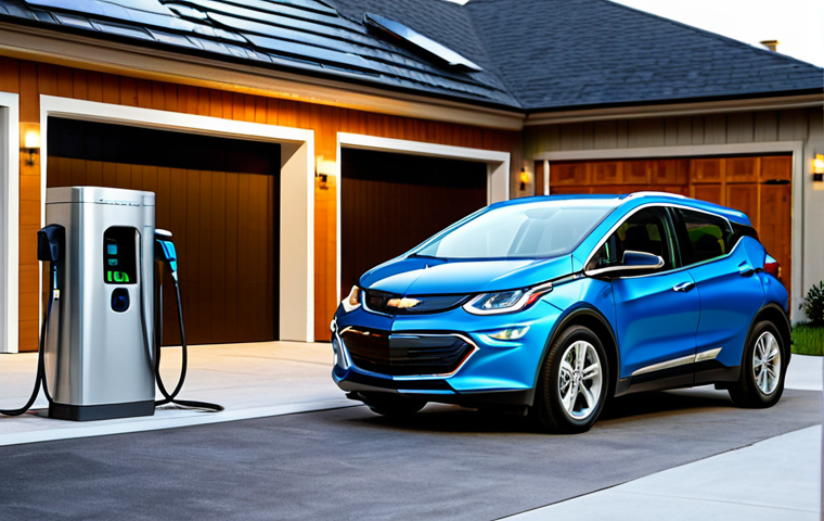 Home Level 2 Charging**

"A Chevrolet Bolt EV parked in a modern home garage, connected to a Level 2 charging station. The scene is well-lit, showing the car charging with the charging cable clearly visible. The garage is clean and organized, perhaps with solar panels visible on the roof. Fully clothed, appropriate attire, safe for work, perfect anatomy, natural proportions, professional, family-friendly."

**