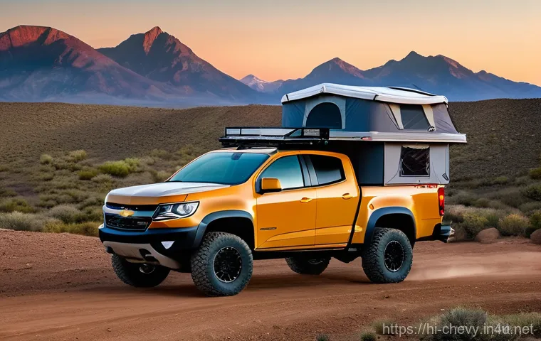 쉐보레 콜로라도 캠핑 트럭 개조 - Image Prompt 1: Overlanding Chevrolet Colorado in the Mountains** 쉐보레 콜로라도 캠핑 트럭 개조 - Image Prompt 1: Overlanding Chevrolet Colorado in the Mountains**