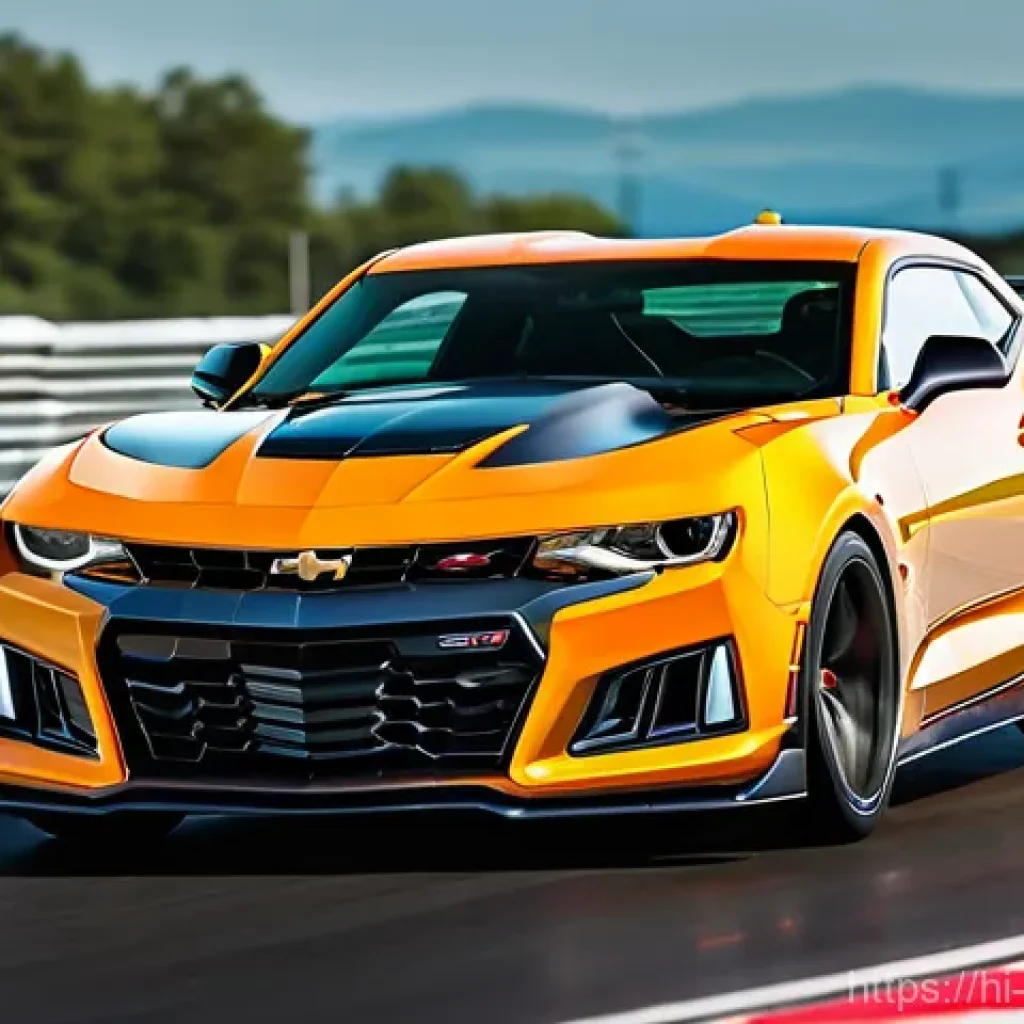 쉐보레 카마로와 머스탱 비교 - **Chevrolet Camaro - Aggressive Track Dominance:**
"A highly detailed, dynamic wide shot of a Ch...