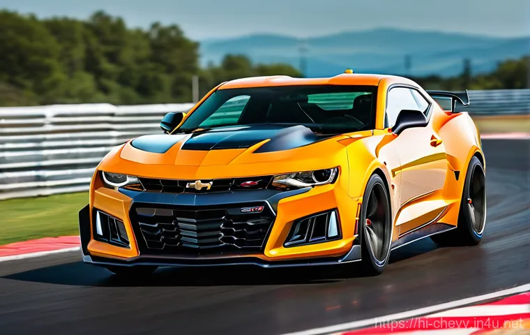 쉐보레 카마로와 머스탱 비교 - **Chevrolet Camaro - Aggressive Track Dominance:**
"A highly detailed, dynamic wide shot of a Ch...