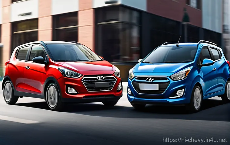 쉐보레 스파크와 현대 캐스퍼 비교 - **Prompt:** A dynamic side-by-side comparison showcasing the distinct exterior designs of two cars. ...