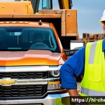 쉐보레 실버라도 트럭의 적재 능력 - "A powerful Chevrolet Silverado 3500HD pickup truck, parked at a bustling construction site during a...