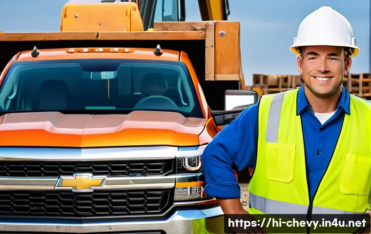 쉐보레 실버라도 트럭의 적재 능력 - "A powerful Chevrolet Silverado 3500HD pickup truck, parked at a bustling construction site during a...